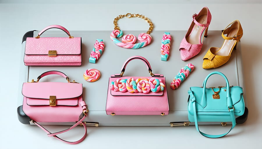 Candy-colored fashion accessories including handbags, jewelry, and shoes displayed with a suitcase