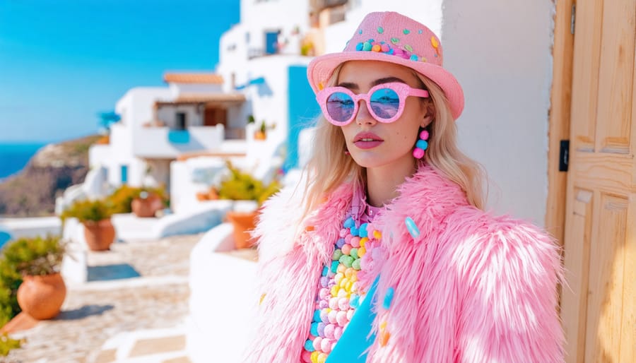 Fashion influencer showcasing a candy-inspired ensemble against a scenic travel backdrop