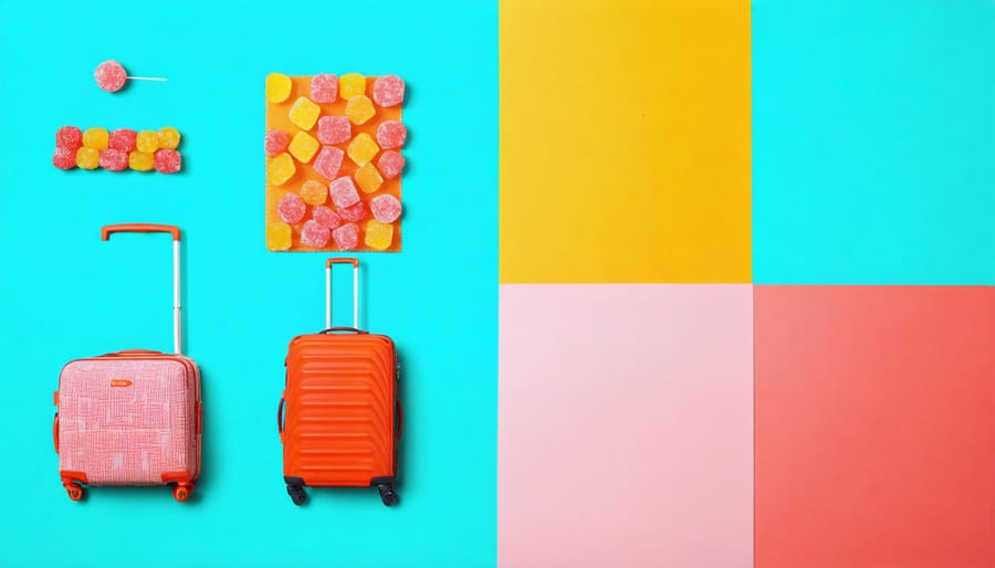 Assortment of exotic candy-inspired fabrics and travel accessories from various cultures