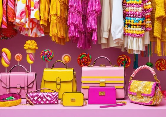 A vibrant selection of candy-colored fashion items, including clothing, accessories, and textiles, presented against an exotic travel market backdrop, portraying the trendy fusion of global influences and travel fashion.